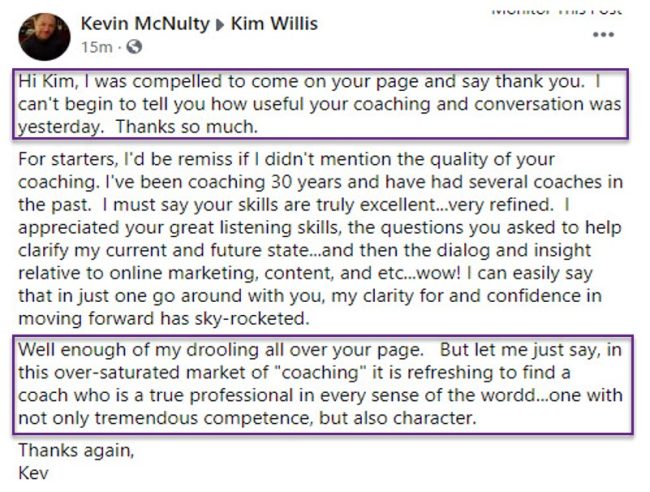 Testimonial from Kevin McNulty - skills are truly excellent, 30 years coaching experience