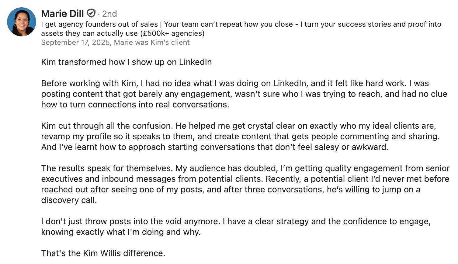Testimonial from Marie Dill