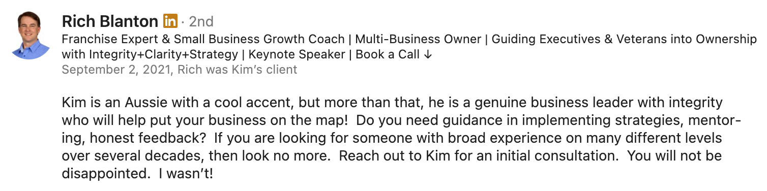 Testimonial from Rich Blanton - genuine business leader with integrity