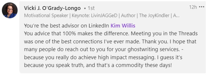 Testimonial from Vicki O'Grady-Longo - best advisor on LinkedIn